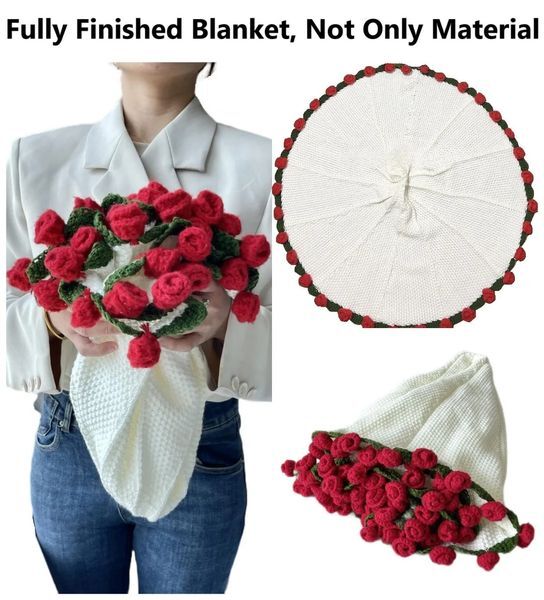 Color: black - Size: Full - Finished Rose Blanket Bouquet Flowers Handmade Crochet Acrylic Fuzzy Sweater Bed Couch Mothers Day Gift For Mum 250708