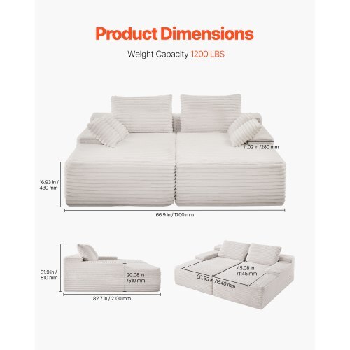 82.7-Inch Oversized Double Chaise Lounge, Corduroy Fabric Sectional Sofa, Cozy Deep Seat Loveseat Sofa with Soft Cushions and Throw Pillows for Living Room Bedroom, No Assembly Required, Beige