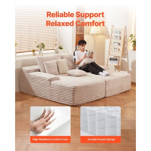 82.7-Inch Oversized Double Chaise Lounge, Corduroy Fabric Sectional Sofa, Cozy Deep Seat Loveseat Sofa with Soft Cushions and Throw Pillows for Living Room Bedroom, No Assembly Required, Beige