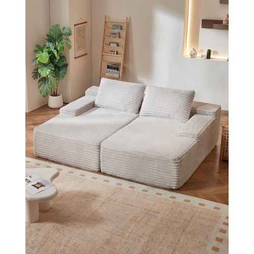 82.7-Inch Oversized Double Chaise Lounge, Corduroy Fabric Sectional Sofa, Cozy Deep Seat Loveseat Sofa with Soft Cushions and Throw Pillows for Living Room Bedroom, No Assembly Required, Beige