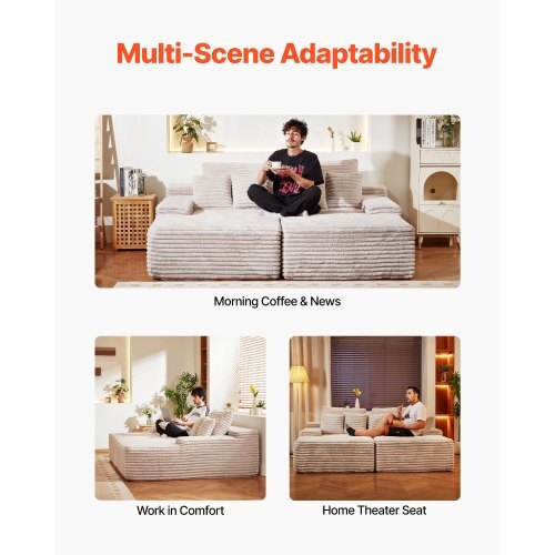 82.7-Inch Oversized Double Chaise Lounge, Corduroy Fabric Sectional Sofa, Cozy Deep Seat Loveseat Sofa with Soft Cushions and Throw Pillows for Living Room Bedroom, No Assembly Required, Beige