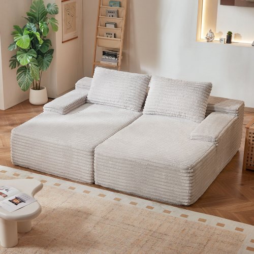 82.7-Inch Oversized Double Chaise Lounge, Corduroy Fabric Sectional Sofa, Cozy Deep Seat Loveseat Sofa with Soft Cushions and Throw Pillows for Living Room Bedroom, No Assembly Required, Beige