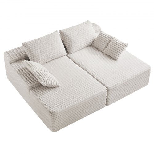 82.7-Inch Oversized Double Chaise Lounge, Corduroy Fabric Sectional Sofa, Cozy Deep Seat Loveseat Sofa with Soft Cushions and Throw Pillows for Living Room Bedroom, No Assembly Required, Beige