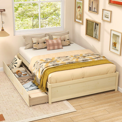 Full Size Wooden Bed Frame with 2 Rolling Storage Drawers-Natural - Color: Natural - Size: Full Size