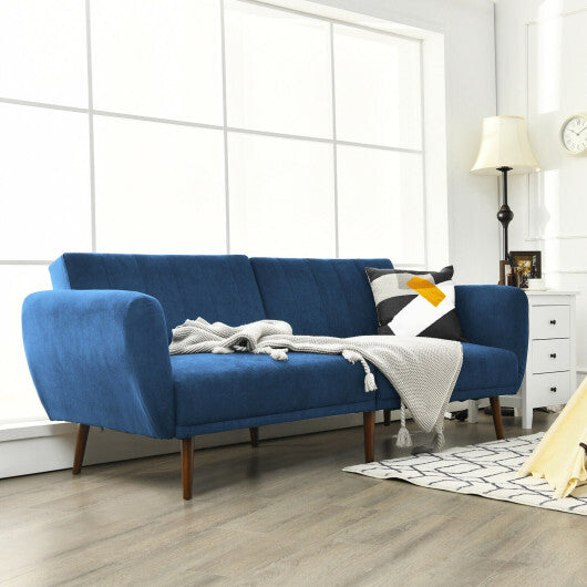 Convertible Futon Sofa Bed Adjustable Couch Sleeper with Wood Legs-Navy - Color: Navy
