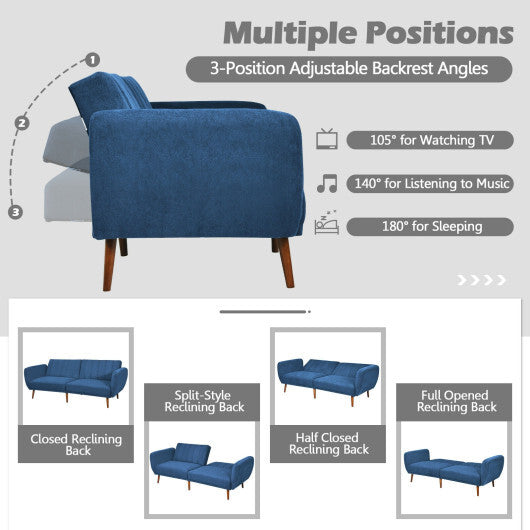 Convertible Futon Sofa Bed Adjustable Couch Sleeper with Wood Legs-Navy - Color: Navy