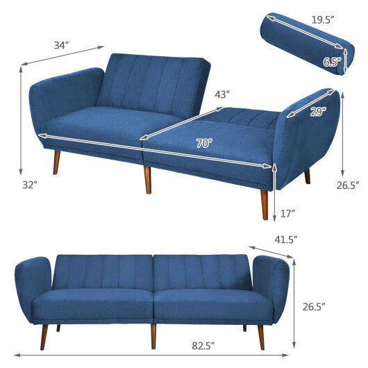 Convertible Futon Sofa Bed Adjustable Couch Sleeper with Wood Legs-Navy - Color: Navy