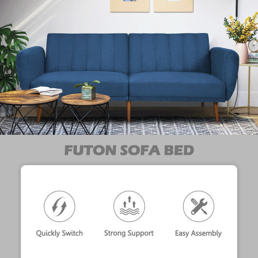 Convertible Futon Sofa Bed Adjustable Couch Sleeper with Wood Legs-Navy - Color: Navy