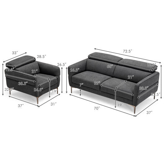 Modern Couched Sofa set with Adjustable Headrest-Gray - Color: Gray