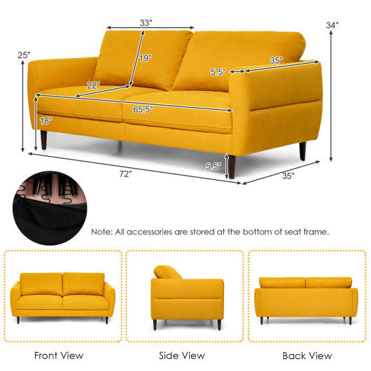 72 Inch Small Fabric Loveseat Sofa Couch with Wood Legs-Yellow - Color: Yellow