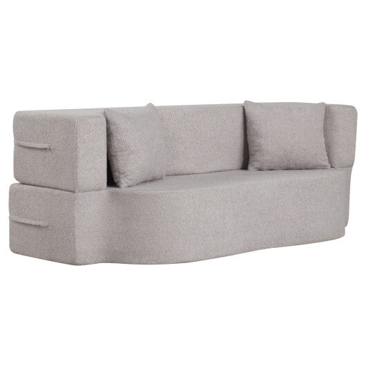 75.5 inch Folding Sofa Bed 2-in-1 Convertible Teddy Fleece Floor Loveseat with 2 Comfortable Pillows-Gray - Color: Gray