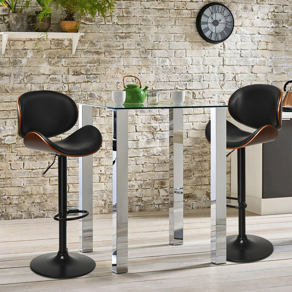 Set of 2 Adjustable Swivel PU Leather Bar Stools with Curved Footrest - Color: Brown