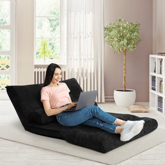 6-Position Adjustable Sleeper Lounge Couch with 2 Pillows-Black - Color: Black