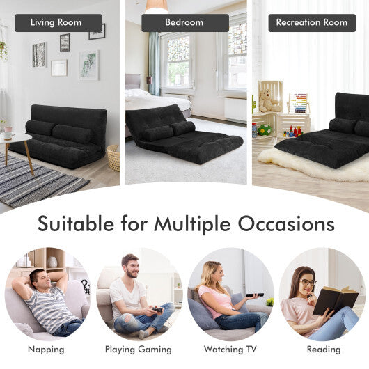 6-Position Adjustable Sleeper Lounge Couch with 2 Pillows-Black - Color: Black