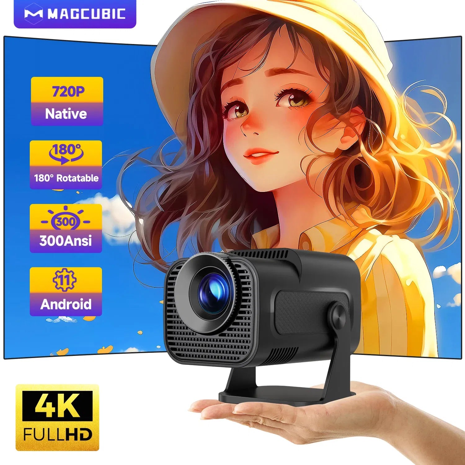 Color: color1, Plug Type: UK Plug - Magcubic HY320 Mini Newly Native 720P Android 11 4K Projector 300ANSI Wifi6 BT5.0 Cinema Outdoor Portable 180? Rotable Projector