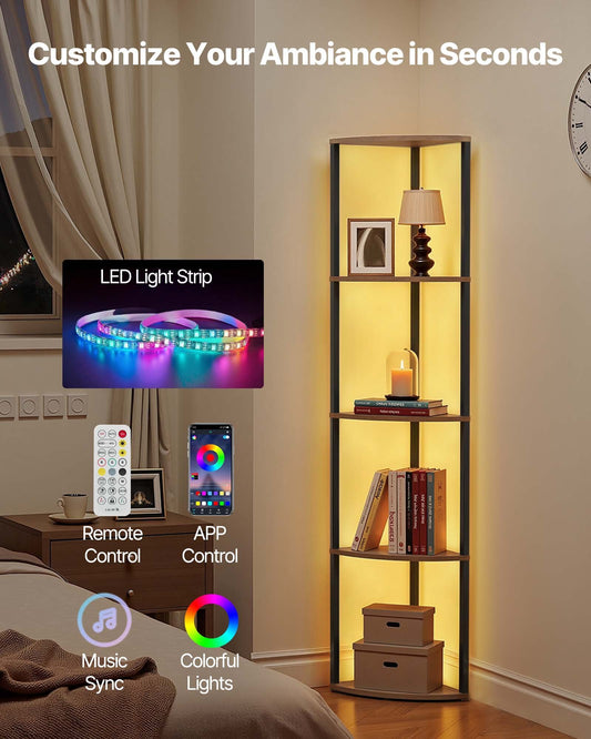 5 Tier Corner Shelf with LED Light, 64" Tall Corner Bookshelf with Storage Shelves for Collectibles, Display Shelf with Multi-color Lights Controlled Via RC/APP for Bedroom, Living Room, Office