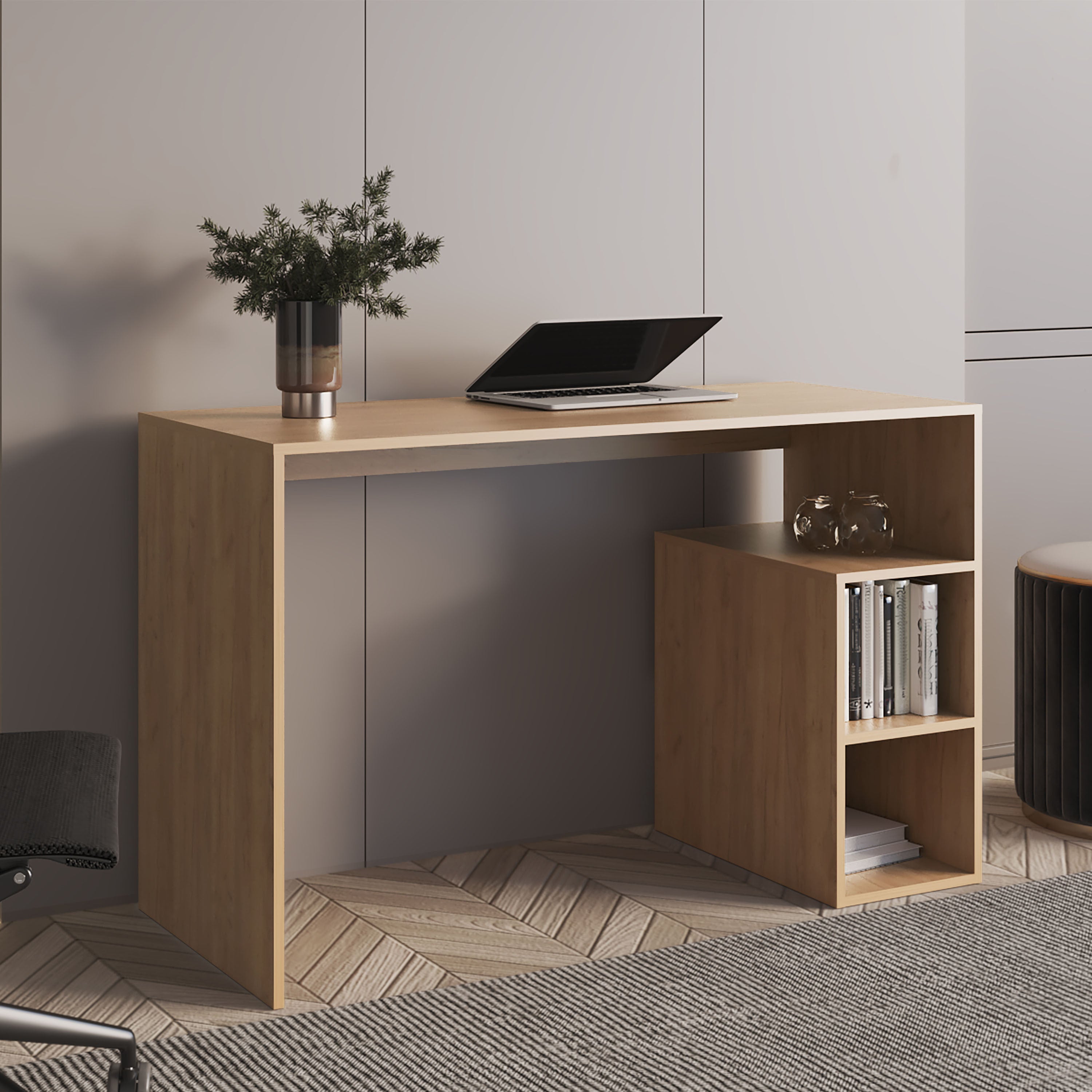 Solid 47' Natural Oak Wide Four Shelves Office Desk