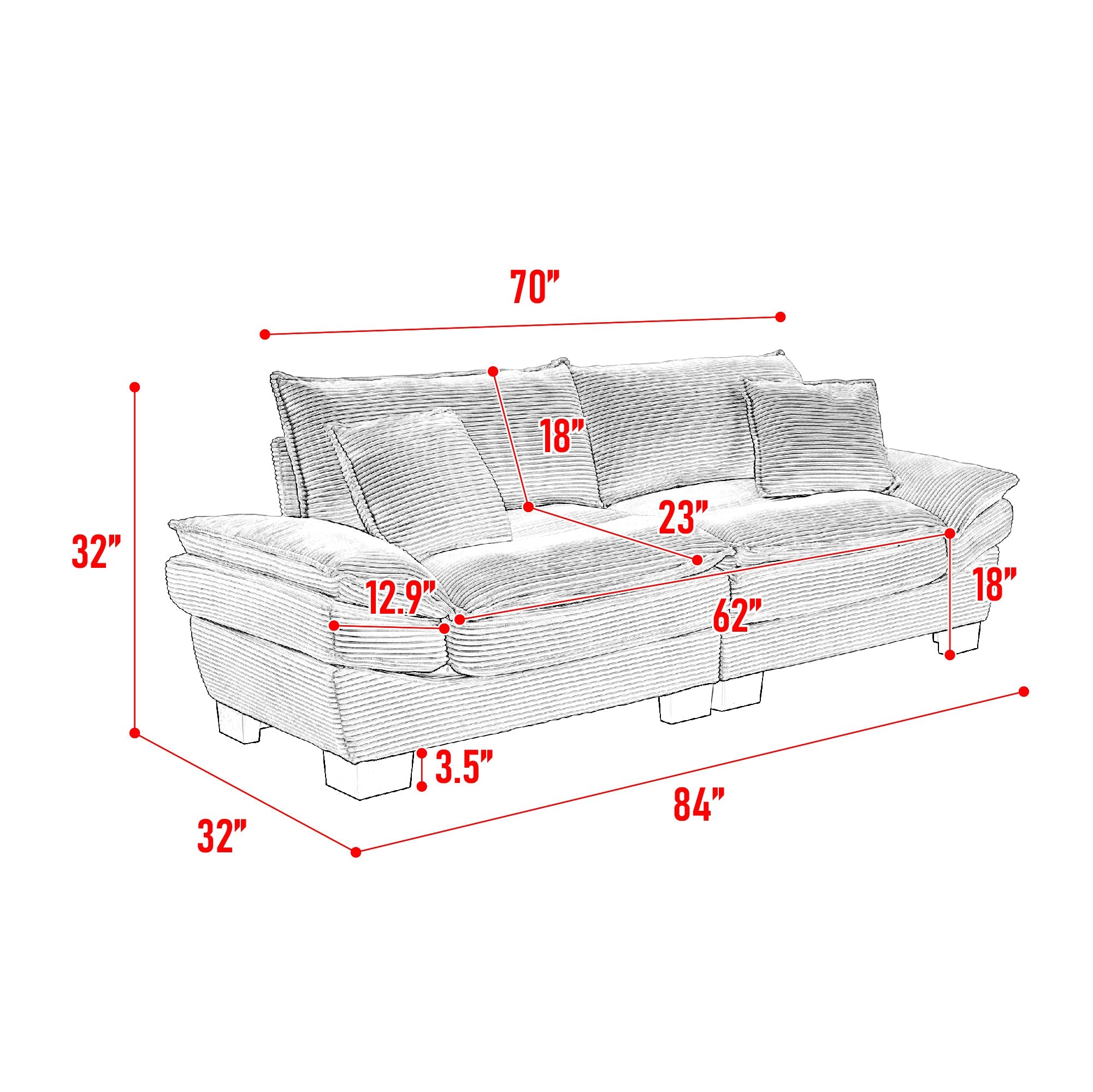 Corduroy Sofa  Couch Loveseat Sofa with Pillows